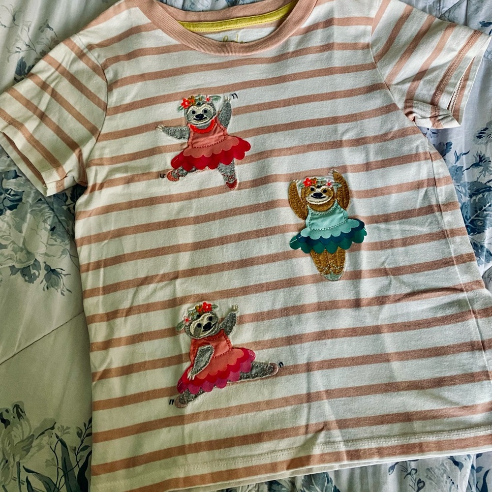 Mini Boden Pink Striped Tee with Dancing Ballerina Bears 6-7Y